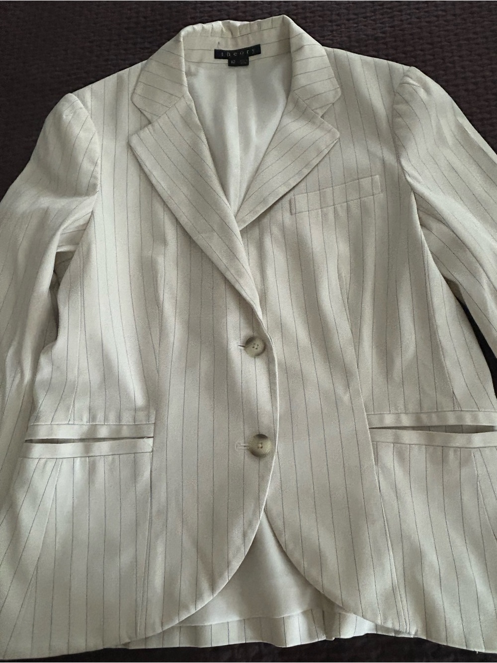 Theory White blazer with purple pinstripes. GUC. size 12 but fits closer to 10.